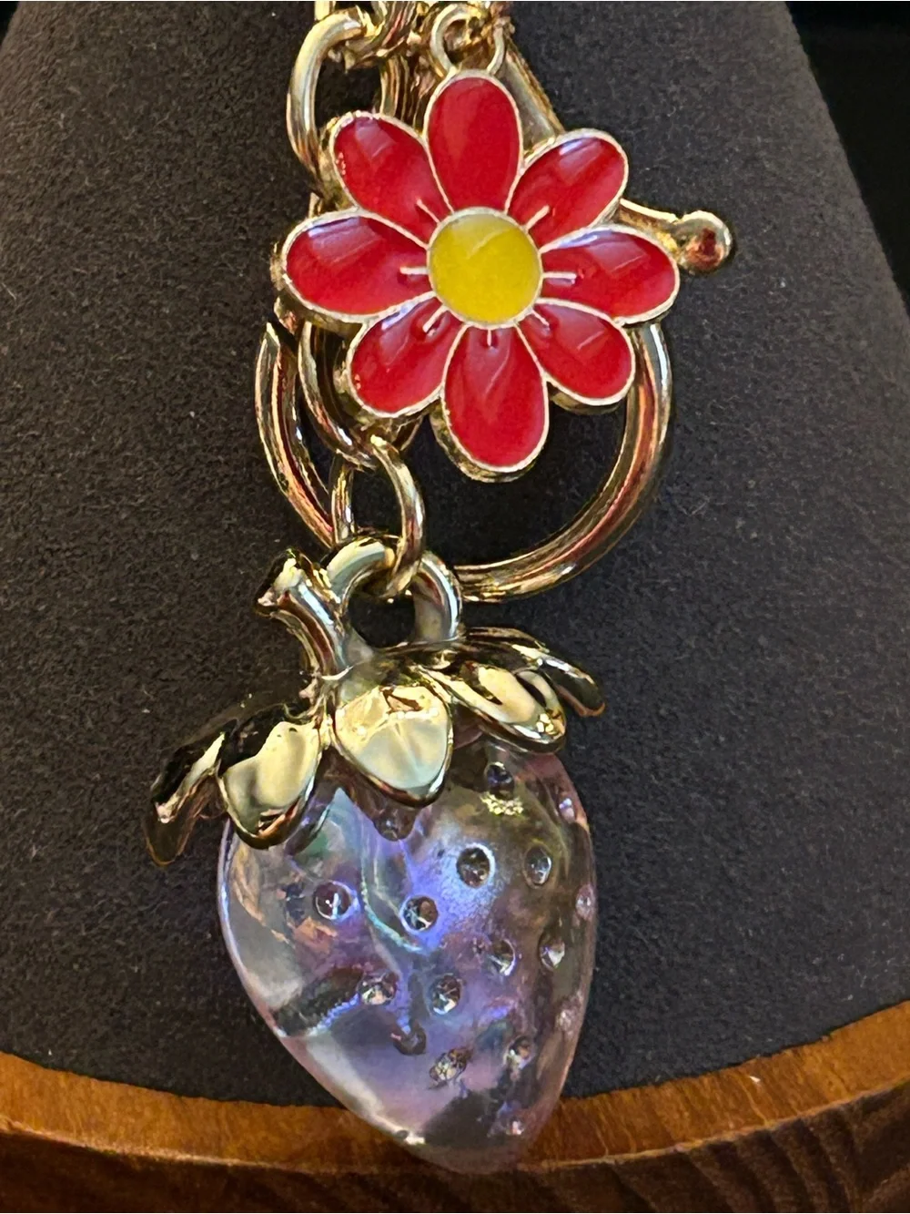 Gold-Tone & Iridescent Strawberry 🍓 & Color Enamel Flower Bag Charm Keychain NWT